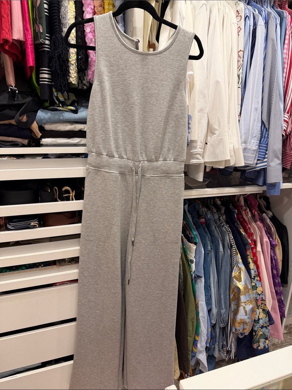 Sleeveless Gray Knit Jumpsuit with Tie Waist